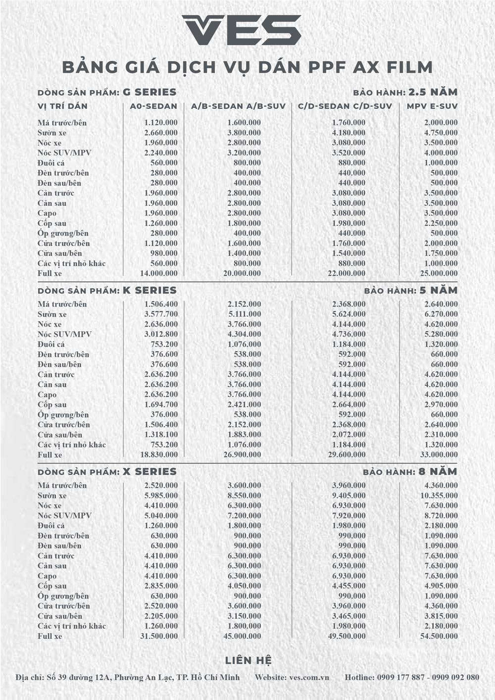 Bảng giá PPF AX Film - VES